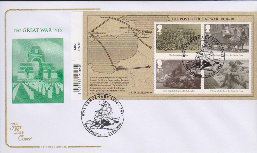 2016 - The Great War 1916, Minisheet COTSWOLD First Day Cover, Centenary of World War I, SOUTHAMPTON Postmark